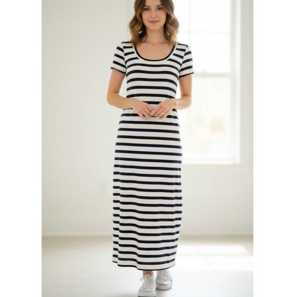 J.Crew Maxi Dress Size M Navy White Cotton Striped Knee Length Pullover